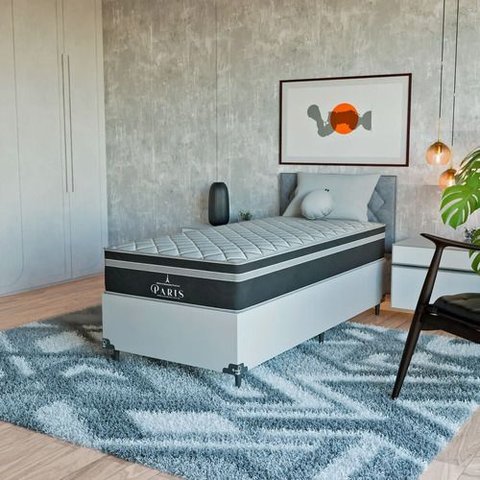 Cama Box Solteiro + Colchão Paris Molas Ensacadas Preto Couro Branco/preto