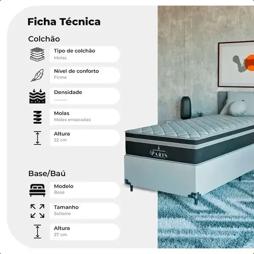 Ver imagem 3 de Cama Box Solteiro + Colchão Paris Molas Ensacadas Preto Couro Branco/preto