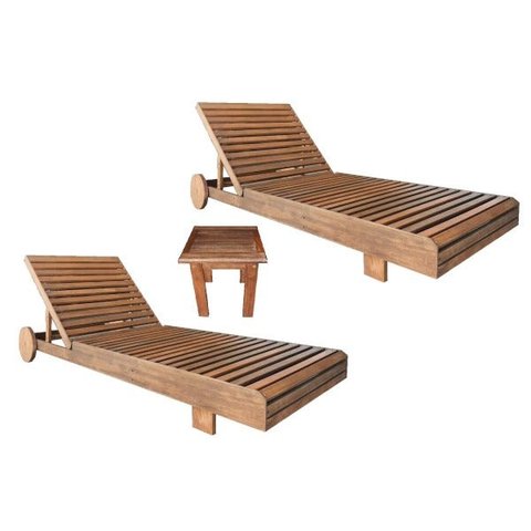 Kit 2 Espreguiçadeira Allegra com Rodinhas + Mesinha de Apoio em Madeira Nogueira