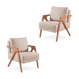 Poltrona Mona Luxo Madeira Maciça Tecido Linho Bege - 2