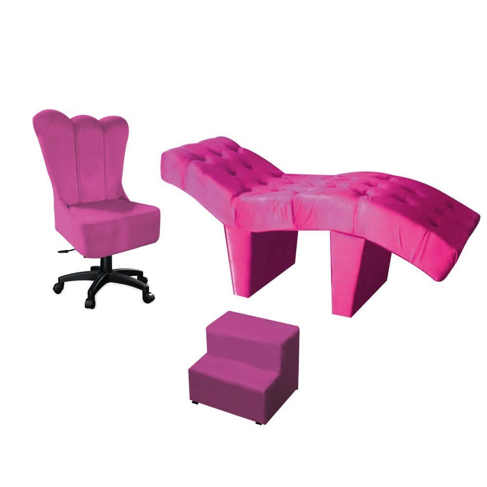 Kit Maca Estética 60cm com Cadeira Mocho Giratória e Escadinha Suede Rosa Pink - D