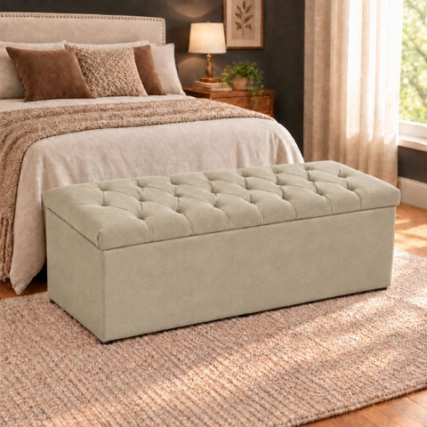 Calçadeira Recamier Baú 138cm para Cama Casal Paris Vilajo:Suede Bege
