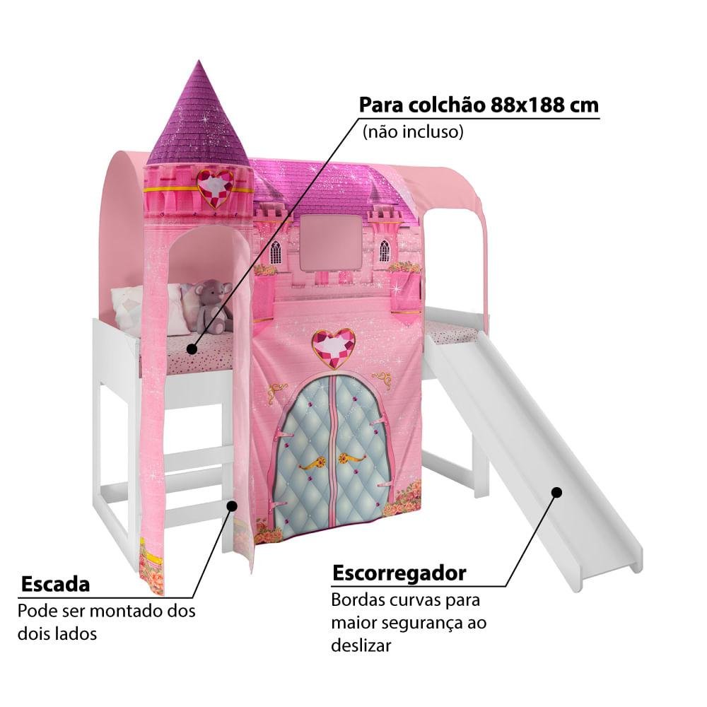 Cama Infantil Alta Joy com Escorregador e Dossel Torre Castelo - Rosa/Branco - 3