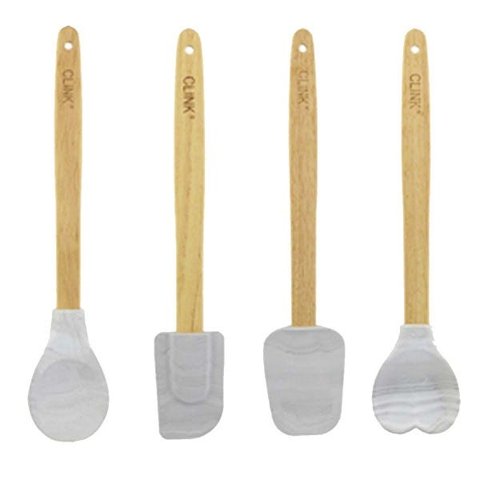 Conjunto 4 Utensílios De Cozinha Silicone Mármore Cabo Madeira