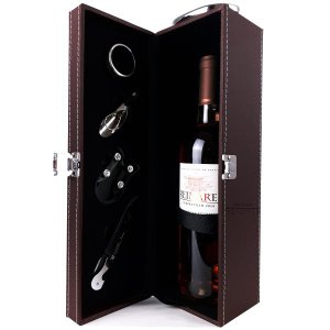 Maleta Porta Vinho Couro Pu Executiva com 4 Acessórios Marrom