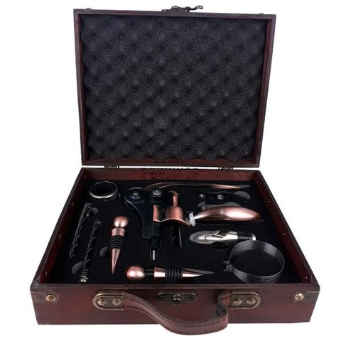 Kit Abridor de Vinho Profissional Saca Rolha com Acessórios e Estojo Madeira Rústica