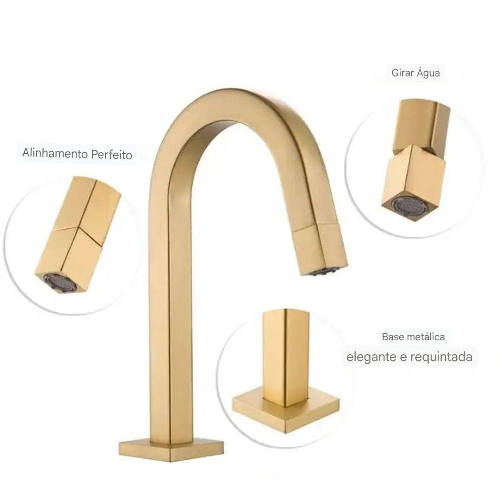 Torneira Banheiro Lavatório Quadrada Pratica Metal Dourada - 2