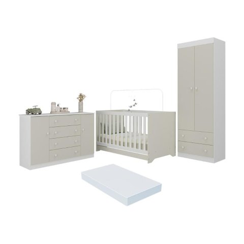 Quarto de Bebê Completo Berço Americano 3 em 1 Colchão Encanto Multimóveis Mp4609 Branco/off