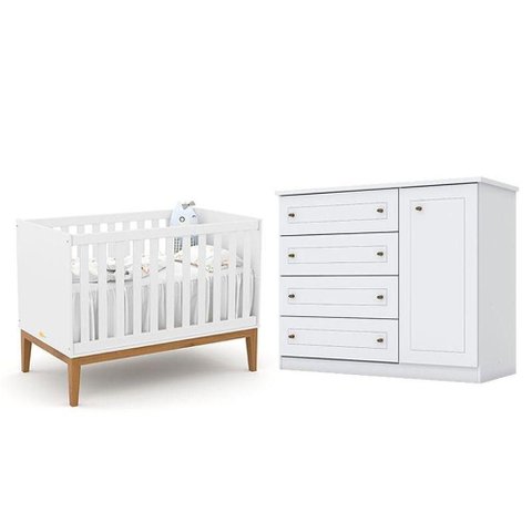 Berço Americano Unique Branco Soft Eco Wood - Matic e Cômoda Infantil Americano Branco Hp - Henn