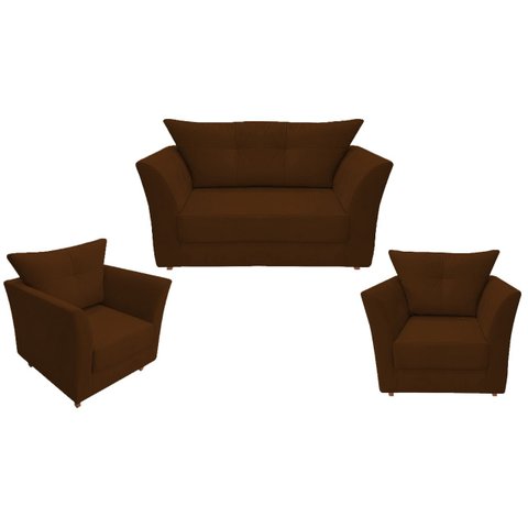 Kit Namoradeira + 2 Poltronas Decorativa Isis Suede Marrom Pés Madeira Ms Decor