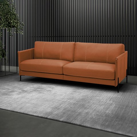 Sofá Decorativo Karine 3 Lugares Sala de Estar 210cm Pés em Aço Couro Conhaque G88 - Gran Belo