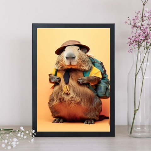 Quadro Decorativo Capivara Aventureira 24x18cm - com Vidro:moldura Branca
