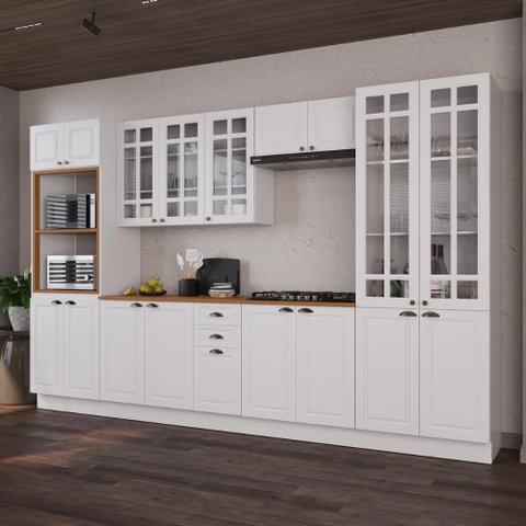 Cozinha Modulada Completa Americana 100% MDF 350cm com Rodapé Provence Multimóveis Crink-CPL001