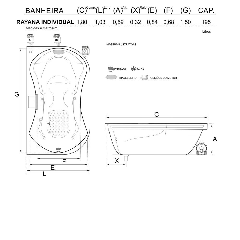 Banheira Retangular Rayana com Hidro - 220v - 3