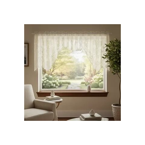 Cortina Bando Renda Cascata Cozinha Floral Bege 2,95x1,00