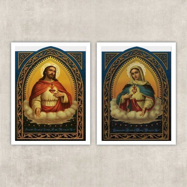 Kit 2 Quadros Sacros Coração De Jesus E Maria 24x18cm:Madeira preta