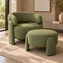 Ver imagem 1 de Poltrona com Puff Moderna Orgânica em Linho Verde Oliva Confortável Anatômica Linha Premium Sala Qua