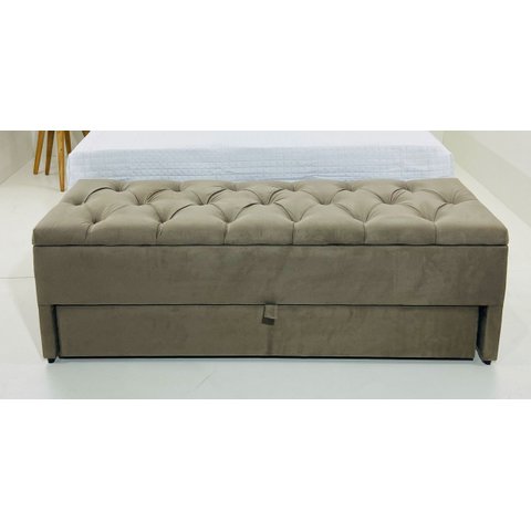 Puf Baú (estofada) Sapateiro com Gaveta Tamanho King 195x50x45cm Cor Bege - Veludo Suede Liso