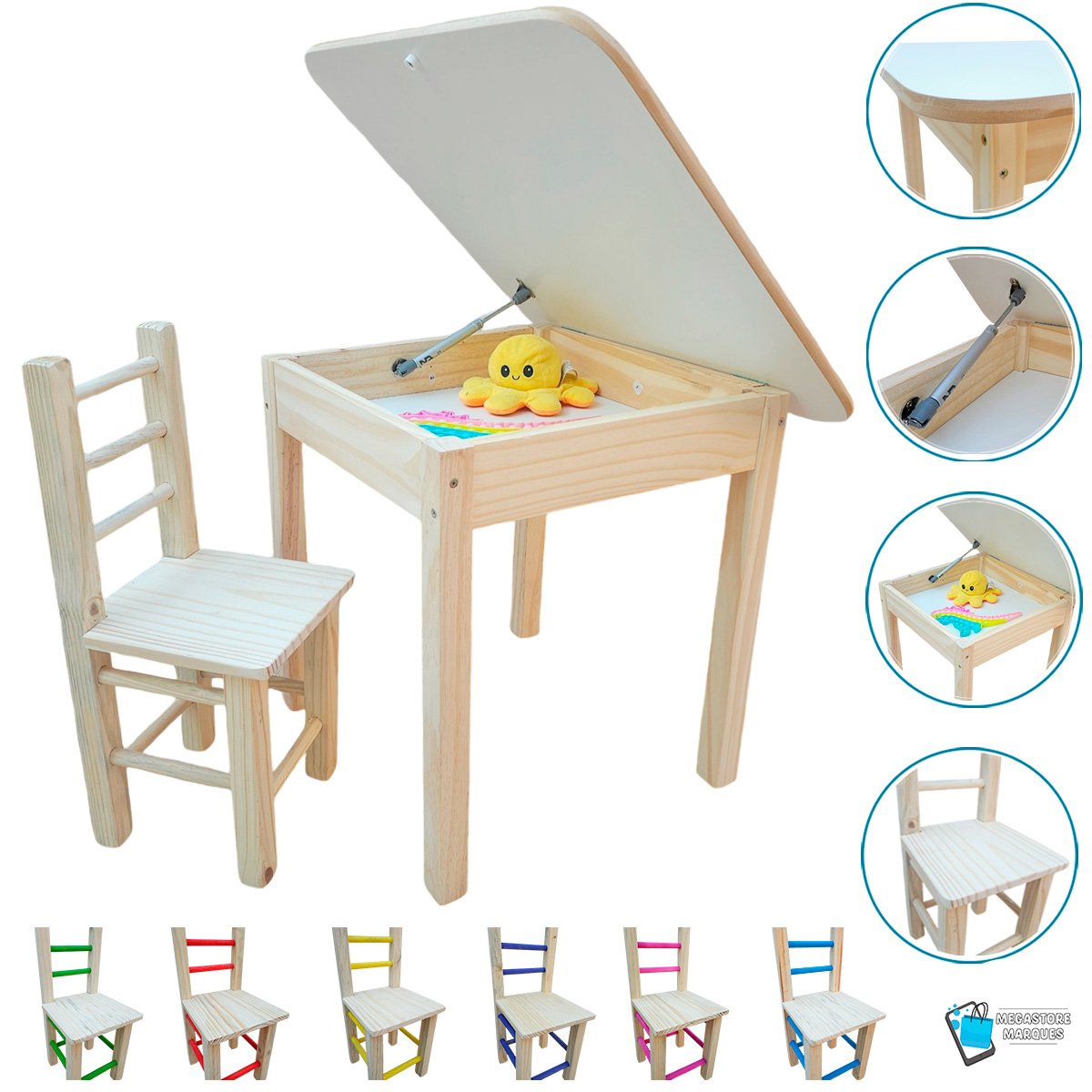 Conjunto Mesa Baú e Cadeira Infantil de Madeira Maciça Resistente