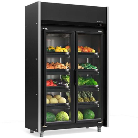 Expositor Vertical Hortifruti 2 Portas de Vidro Geas2plb Gelopar All Black 220v