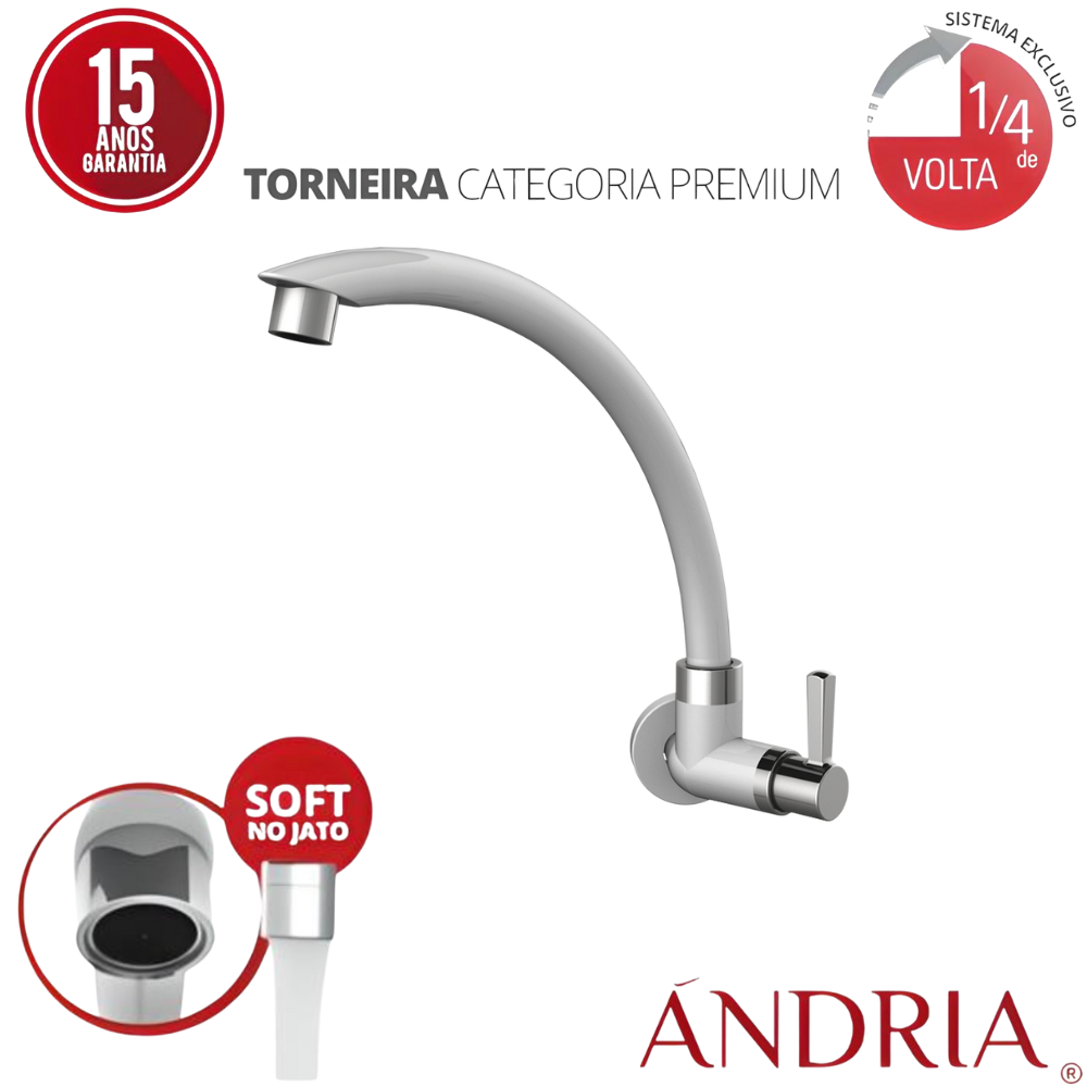 Torneira Cozinha de Parede Bica Alta Móvel Linha Ándria Cor Branco e Cromado Durín - 2