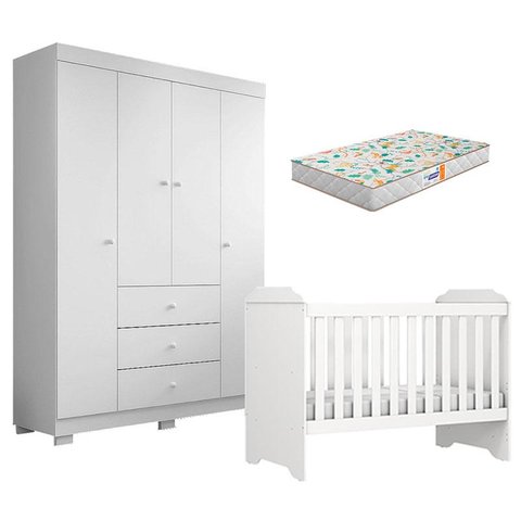Berço Americano Mini Cama Mel e Guarda Roupa Duda 4 Portas Branco Brilho com Colchão Gazin – Phoenix