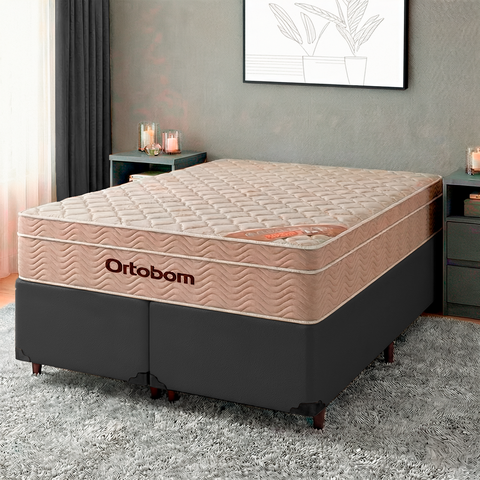 Cama + Box Cinza e Colchão Molas Ensacadas Queen - Airtech Ortobom
