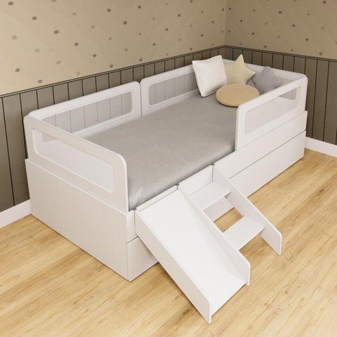 Bicama Solteiro Mdf Branco com Escadinha/escorrega 03 Grades e Cabeceira Telinha Anatômica