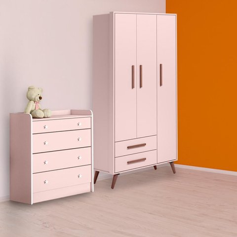 Conjunto Guarda Roupa Retro e Cômoda Trocador Rosa