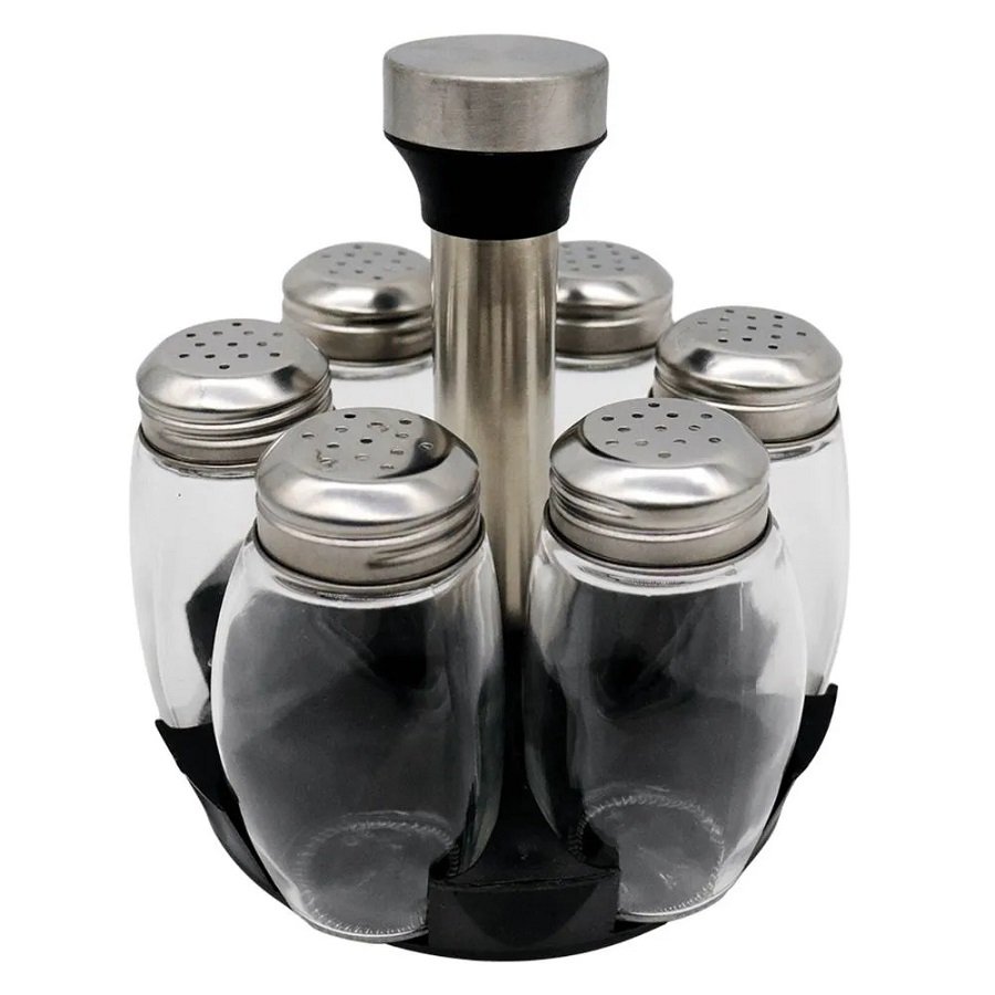 Conjunto 7 Peças com 6 Porta Temperos de Vidro e Suporte Giratório - Lyor - 1