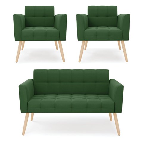 Kit 1 Sofá Namoradeira e 2 Poltronas Elisa Suede Pés Palito Castanho - D’Rossi Verde