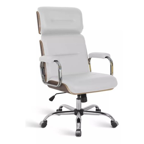 Cadeira Presidente Wood Branca com Madeira Escura Base Cromada com Relax Braços Cromado Couro Eco Br