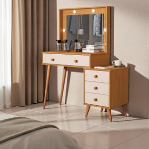 Penteadeira Camarim Ágata 4 Gavetas Espelho Luz Led Pés Madeira Maciça:nature/off White