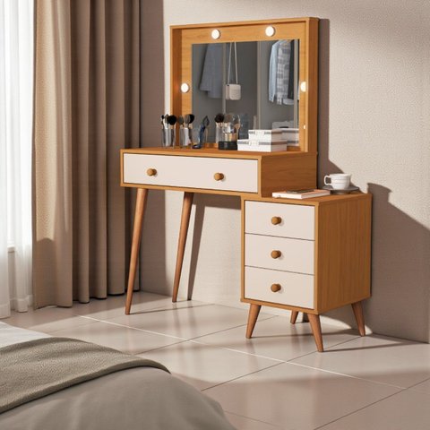 Penteadeira Camarim Ágata 4 Gavetas Espelho Luz Led Pés Madeira Maciça:nature/off White