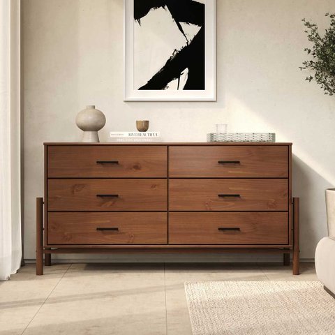Cômoda Grande 6 Gavetas Casal 160 cm Madeira Pinus Corrediças Telescópicas Castanho Mona