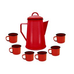 Jogo Bule Leiteira Esmaltada Vermelha 1,2 Litros e 6 Mini Canecas 90ml - Yazi - 1