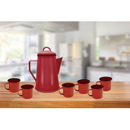 Jogo Bule Leiteira Esmaltada Vermelha 1,2 Litros e 6 Mini Canecas 90ml - Yazi - 3