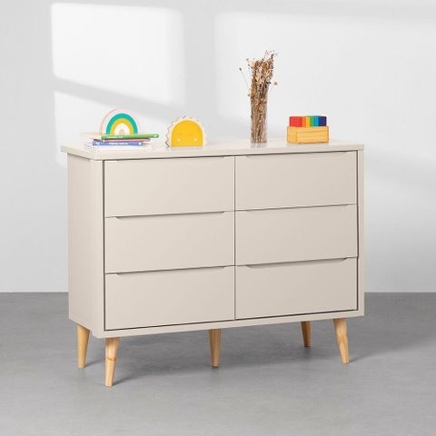 Cômoda Theo 6 Gavetas com Pés Retrô Natural - Areia Abra Casa