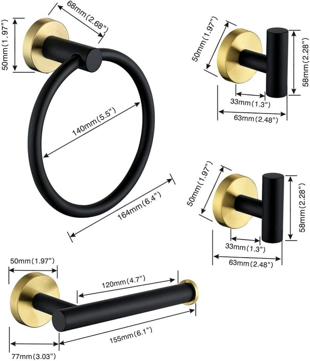Kit Acessorios Banheiro Dourado Escovado Preto Fosco Papel - 5