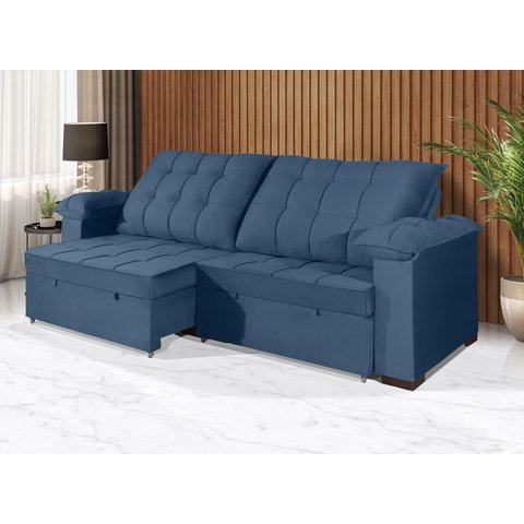 Sofá Retrátil e Reclinável 2,50m Canadá Estilo Estofados - Suede Veludo Cor "azul"