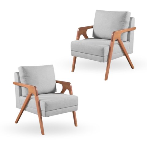 Kit 2 Poltronas Decorativa Mona Luxo Linho Cinza e Base Madeira Maciça - Saturno Decorações