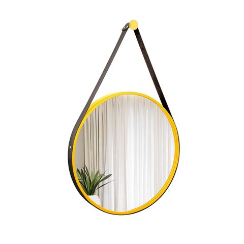 Espelho Decorativo Adnet Amarelo Alça Corino Preto 50 cm Redondo Amarelo/Preto, 50 cm