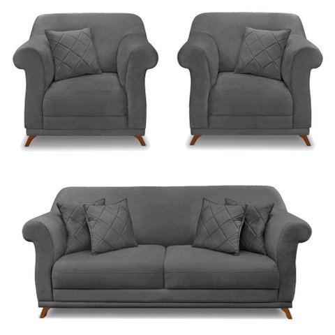 Kit 2 Poltronas E Sofá 2 Lugares 1,80m Cinza Pés Castanho