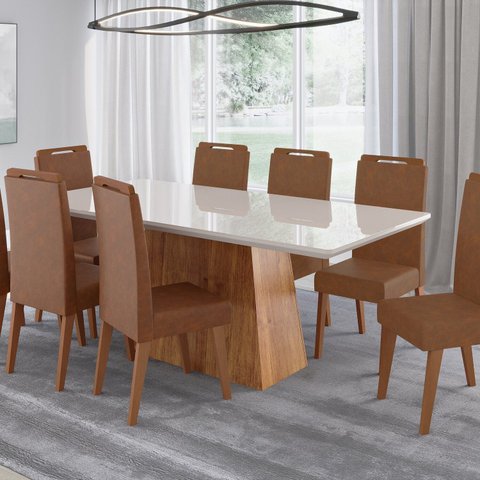 Conjunto para Sala de Jantar com 8 Cadeiras Perpetua Marrom/Mel/Off White