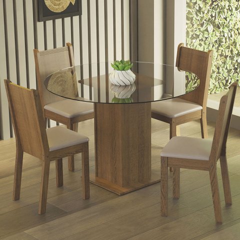 Conjunto Sala de Jantar Madesa Débora Mesa Tampo de Vidro Redondo 4 Cadeiras Rustic/Bege Cor:Rustic 
