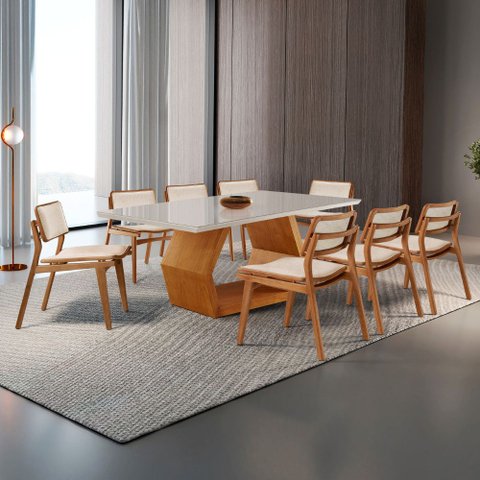Sala de Jantar Mesa Ane 220cm Tampo Laqueado com Vidro Canto Moeda e 8 Cadeiras Eva