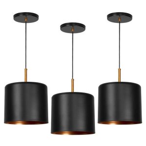 Kit 3 Lustres Pendente Bilboquê Medio Preto Com Cobre