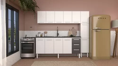 Conjunto Cozinha Completo para Pia 2,00metros Gabinete 3 Gavetas + Aéreo + Paneleiro 100% em Aço - V - 1