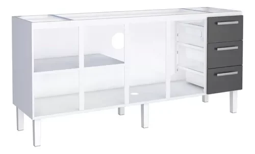 Conjunto Cozinha Completo para Pia 2,00metros Gabinete 3 Gavetas + Aéreo + Paneleiro 100% em Aço - V - 7