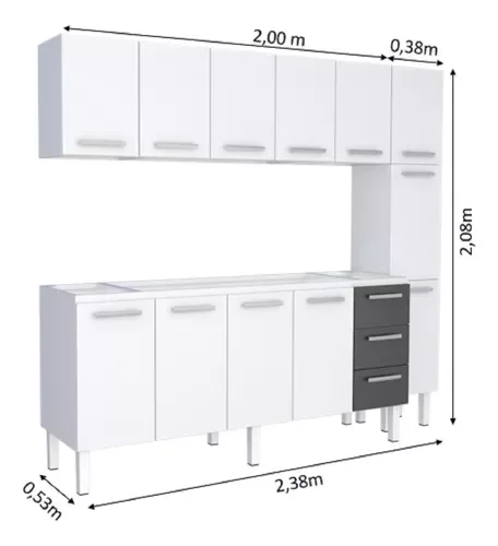 Conjunto Cozinha Completo para Pia 2,00metros Gabinete 3 Gavetas + Aéreo + Paneleiro 100% em Aço - V - 3